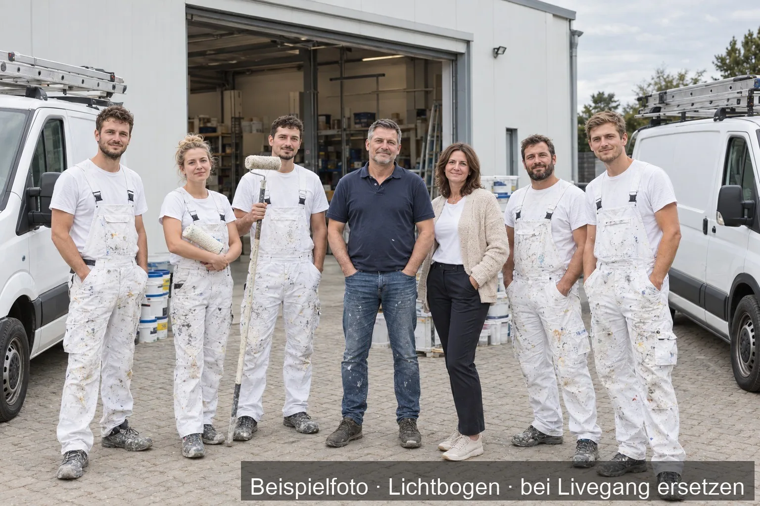 Gruppe von Malern in Arbeitskleidung vor einer Halle mit Farbeimern.